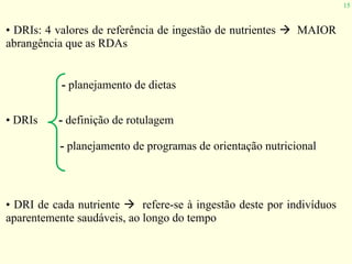 15
• DRIs: 4 valores de referência de ingestão de nutrientes " MAIOR
abrangência que as RDAs
• DRIs
- planejamento de dietas
- definição de rotulagem
- planejamento de programas de orientação nutricional
• DRI de cada nutriente " refere-se à ingestão deste por indivíduos
aparentemente saudáveis, ao longo do tempo
 