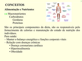 3
CONCEITOS
Alimentação e Nutrientes
! Macronutrientes
Carboidratos
Gorduras
Proteínas
São os principais componentes da dieta, são os responsáveis pelo
fornecimento de calorias e manutenção do estado de nutrição dos
indivíduos.
Para saúde:
– Manter o balanço energético e funções corporais vitais
– Relação com doenças crônicas
• Doença coronariana cardíaca
• Hiperinsulinemia
• Obesidade
 