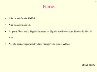 33
Fibras
• Não está definido AMDR
• Não está definido UL
• AI para fibra total: 38g/dia homens e 25g/dia mulheres com idades de 19- 50
anos
• AIs são menores para indivíduos mais jovens e mais velhos
(IOM, 2002)
 
