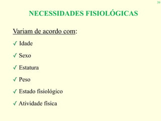 39
NECESSIDADES FISIOLÓGICAS
Variam de acordo com:
✓ Idade
✓ Sexo
✓ Estatura
✓ Peso
✓ Estado fisiológico
✓ Atividade física
 