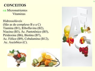 9
CONCEITOS
! Micronutrientes
Vitaminas
Hidrossolúveis
(São as do complexo B e a C)
Tiamina (B1), Riboflavina (B2),
Niacina (B3), Ác. Pantotênico (B5),
Piridoxina (B6), Biotina (B7),
Ac. Fólico (B9), Cobalamina (B12),
Ac. Ascórbico (C).
 