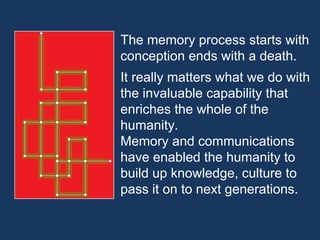 The memory process starts with conception ends with a death.  It really matters what we do with the invaluable capability that enriches the whole of the humanity.  Memory and communications have enabled the humanity to build up knowledge, culture to pass it on to next generations. 
