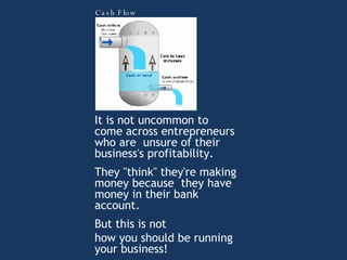 It is not uncommon to come across entrepreneurs  who are  unsure of their business's profitability.  They "think" they're making money because  they have money in their bank account.  But this is not how you should be running your business! Cash Flow 
