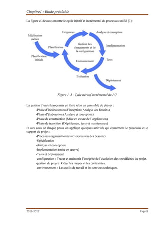 Chapitre1 : Etude préalable
2016-2017 Page 8
La figure ci-dessous montre le cycle itératif et incrémental du processus unifié [3]:
Figure 1. 3 - Cycle itératif-incrémental du PU
La gestion d’un tel processus est faite selon un ensemble de phases :
-Phase d’incubation ou d’inception (Analyse des besoins)
-Phase d’élaboration (Analyse et conception)
-Phase de construction (Mise en œuvre de l’application)
-Phase de transition (Déploiement, tests et maintenance)
Et aux cous de chaque phase on applique quelques activités qui concernent le processus et le
support du projet :
-Processus organisationnels (l’expression des besoins)
-Spécification
-Analyse et conception
-Implémentation (mise en œuvre)
-Tests et déploiement
-configuration : Tracer et maintenir l’intégrité de l’évolution des spécificités du projet.
-gestion du projet : Gérer les risques et les contraintes.
-environnement : Les outils de travail et les services techniques.
 