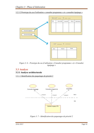 Chapitre 3 : Phase d’élaboration
2016-2017 Page 32
3.2.3.2 Prototype du cas d’utilisation « consulter programme » et « consulter équipage »
Figure 3. 6 – Prototype du cas d’utilisation « Consulter programme » et « Consulter
équipage »
3.3 Analyse
3.3.1 Analyse architecturale
3.3.1.1 Identification des paquetages de priorité 2
Figure 3. 7 – Identification des paquetages de priorité 2
 