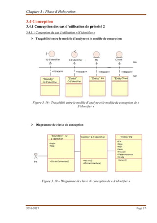 Chapitre 3 : Phase d’élaboration
2016-2017 Page 37
3.4 Conception
3.4.1 Conception des cas d’utilisation de priorité 2
3.4.1.1 Conception du cas d’utilisation « S’identifier »
 Traçabilité entre le modèle d’analyse et le modèle de conception
Figure 3. 18 - Traçabilité entre le modèle d’analyse et le modèle de conception de «
S’identifier »
 Diagramme de classe de conception
Figure 3. 19 – Diagramme de classe de conception de « S’identifier »
 