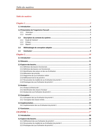 Table des matières
Table des matières
Chapitre 1...................................................................................................................................3
1.1 Introduction ........................................................................................................................4
1.2 Présentation de l’organisme d’accueil ..................................................................................4
1.2.1 Historique :........................................................................................................................................4
1.2.2 Actualité :...........................................................................................................................................4
1.3 Description du contexte du système ...............................................................................5
1.3.1 Etude de l’existant : ...........................................................................................................................5
1.3.2 Critique :.............................................................................................................................................7
1.3.3 Objectif :.............................................................................................................................................7
1.4 Méthodologie de conception adoptée ............................................................................7
1.5 Conclusion : ...................................................................................................................9
Chapitre 2.................................................................................................................................10
2.1 Introduction : ....................................................................................................................11
2.2 Glossaire ...........................................................................................................................11
2.3 Capture des besoins...........................................................................................................11
2.3.1 Définition des besoins fonctionnels.....................................................................................................11
2.3.2 Définition des besoins non fonctionnels..............................................................................................12
2.3.3 Identification des acteurs et des cas d’utilisation................................................................................12
2.3.4 Affectation des priorités ......................................................................................................................13
2.3.5 Diagramme de cas d’utilisation métier ................................................................................................14
2.3.6 Raffinement de CU de priorité 1 ..........................................................................................................15
2.3.7 Structuration du modèle de cas d’utilisation de priorité 1 ..................................................................16
2.3.8 Prototypes des cas d’utilisation de priorité 1 : ....................................................................................17
2.4 Analyse : ...........................................................................................................................17
2.4.1 Analyse architecturale :........................................................................................................................18
2.4.2 Identification des classes d’analyse : ...................................................................................................18
2.4.3 Analyse des cas d’utilisation de priorité 1............................................................................................19
2.5 Conception........................................................................................................................21
2.5.1 Conception des cas d’utilisation de priorité 1......................................................................................21
2.5.2 Conception des classes entités............................................................................................................24
2.6 Implémentation.................................................................................................................24
2.6.1 Implémentation des cas d’utilisation de priorité 1 ..............................................................................25
2.7 Conclusion.........................................................................................................................26
CHAPITRE 3. ..........................................................................................................................27
3.1 Introduction ......................................................................................................................28
3.2 Capture des besoins...........................................................................................................28
3.2.1 Raffinement des cas d’utilisation de priorité 2 ....................................................................................28
3.2.2 Structuration du modèle de cas d’utilisation de priorité 2 ..................................................................31
3.2.3 Prototypes des cas d’utilisation de priorité 2 ......................................................................................31
 