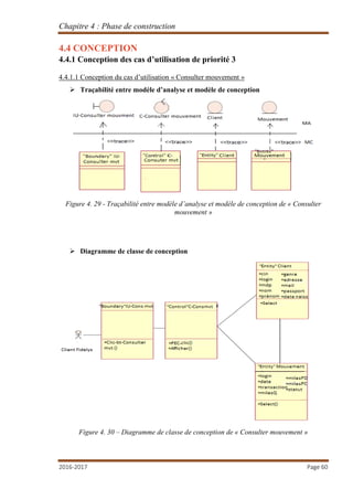 Chapitre 4 : Phase de construction
2016-2017 Page 60
4.4 CONCEPTION
4.4.1 Conception des cas d’utilisation de priorité 3
4.4.1.1 Conception du cas d’utilisation « Consulter mouvement »
 Traçabilité entre modèle d’analyse et modèle de conception
Figure 4. 29 - Traçabilité entre modèle d’analyse et modèle de conception de « Consulter
mouvement »
 Diagramme de classe de conception
Figure 4. 30 – Diagramme de classe de conception de « Consulter mouvement »
 
