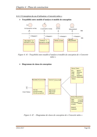 Chapitre 4 : Phase de construction
2016-2017 Page 66
4.4.1.5 Conception du cas d’utilisation « Convertir miles »
 Traçabilité entre modèle d’analyse et modèle de conception
Figure 4. 41 - Traçabilité entre modèle d’analyse et modèle de conception de « Convertir
miles »
 Diagramme de classe de conception
Figure 4. 42 – Diagramme de classe de conception de « Convertir miles »
 