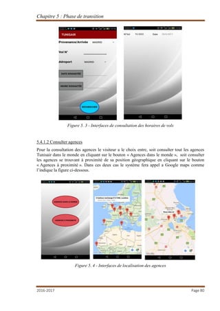 Chapitre 5 : Phase de transition
2016-2017 Page 80
Figure 5. 3 - Interfaces de consultation des horaires de vols
5.4.1.2 Consulter agences
Pour la consultation des agences le visiteur a le choix entre, soit consulter tout les agences
Tunisair dans le monde en cliquant sur le bouton « Agences dans le monde », soit consulter
les agences se trouvant à proximité de sa position géographique en cliquant sur le bouton
« Agences à proximité ». Dans ces deux cas le système fera appel a Google maps comme
l’indique la figure ci-dessous.
Figure 5. 4 - Interfaces de localisation des agences
 