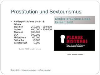 Prostitution und Sextourismus Kinder brauchen Liebe, keinen Sex! Kinderprostituierte unter 18 Jahren: Brasilien  250.000 – 500.000 Indien  400.000 – 500.000 Thailand 100.000 USA 300.000 Philippinen   60.000 Sri Lanka   30.000 Bangladesch   10.000 Dritte Welt - Kinderprostitution - Alfred Linseder Quellen: UNICEF, terre des hommes Quelle: terre des hommes 
