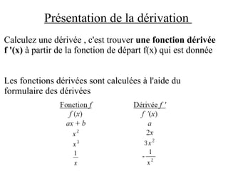 Présentation de la dérivation  Calculez une dérivée , c'est trouver  une fonction dérivée  f '(x)  à partir de la fonction de départ f(x) qui est donnée Les fonctions dérivées sont calculées à l'aide du formulaire des dérivées  
