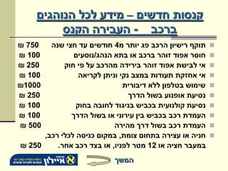 ‫קנסות חדשים – מידע לכל הנוהגים‬
         ‫ברכב - העבירה הקנס‬
‫057 ₪‬   ‫תוקף רישיון הרכב פג יותר מ4 חודשים עד חצי שנה‬     ‫‪‬‬
‫001 ₪‬          ‫חוסר אפוד זוהר ברכב או בתא הנהג/נוסעים‬     ‫‪‬‬
‫052 ₪‬       ‫אי לבישת אפוד זוהר בירידה מהרכב על פי חוק‬     ‫‪‬‬
‫001 ₪‬            ‫אי אחזקת תעודות במצב נקי וניתן לקריאה‬    ‫‪‬‬
‫0001₪‬                          ‫שימוש בטלפון ללא דיבורית‬   ‫‪‬‬
‫052 ₪‬                            ‫נסיעת אופנוע בשול הדרך‬   ‫‪‬‬
‫001 ₪‬           ‫נסיעת קולנועית בכביש בניגוד לחובה בחוק‬    ‫‪‬‬
‫001 ₪‬         ‫העמדת רכב בכביש בין עירוני או בשול הדרך‬     ‫‪‬‬
‫005 ₪‬                       ‫העמדת רכב בשול דרך מהירה‬      ‫‪‬‬
      ‫חניה או עצירה בתחום צומת, במקום כניסה לכלי רכב,‬     ‫‪‬‬
‫052 ₪‬     ‫במעבר חציה או 21 מטר לפניו, או בצד רכב אחר.‬
                           ‫המשך‬
 