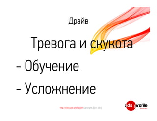 Драйв

   Тревога и скукота
- Обучение
- Усложнение
       http://www.ads-profile.com Copyrights 2011-2012
 