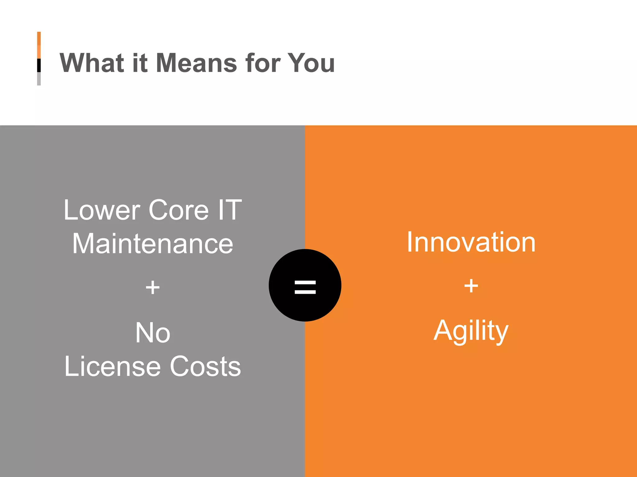 What it Means for You Lower Core IT Maintenance + No License Costs Innovation + Agility = 