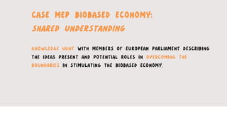 CASE MEP BIOBASED ECONOMY:
SHARED UNDERSTANDING	
  
	
  
KNOWLEDGE HUNT WITH MEMBERS OF EUROPEAN PARLIAMENT DESCRIBING
THE IDEAS PRESENT AND POTENTIAL ROLES IN OVERCOMING THE
BOUNDARIES IN STIMULATING THE BIOBASED ECONOMY.
	
  
	
  
	
  
 