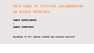 HOLY GRAIL OF EFFECTIVE COLLABORATION
(IN WICKED PROBLEMS)
SHARED UNDERSTANDING
+
SHARED COMMITMENT
(ACCORDING TO JEFF CONKLIN, FOUNDER VAN COGNEXUS INSTITUTE)
 