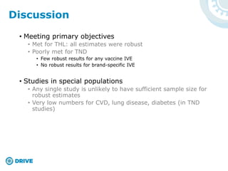 • Meeting primary objectives
• Met for THL: all estimates were robust
• Poorly met for TND
• Few robust results for any vaccine IVE
• No robust results for brand-specific IVE
• Studies in special populations
• Any single study is unlikely to have sufficient sample size for
robust estimates
• Very low numbers for CVD, lung disease, diabetes (in TND
studies)
Discussion
 