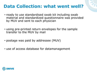 • ready to use standardised swab kit including swab
material and standardized questionnaire was provided
by MUV and sent to each physician
• using pre-printed return envelopes for the sample
transfer to the MUV by mail
• postage was paid by addressee (MUV)
• use of access database for datamanagement
Data Collection: what went well?
 
