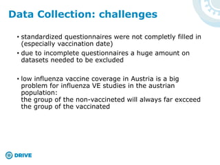 • standardized questionnaires were not completly filled in
(especially vaccination date)
• due to incomplete questionnaires a huge amount on
datasets needed to be excluded
• low influenza vaccine coverage in Austria is a big
problem for influenza VE studies in the austrian
population:
the group of the non-vaccineted will always far excceed
the group of the vaccinated
Data Collection: challenges
 