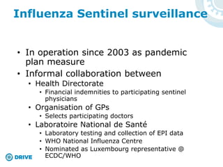 Influenza Sentinel surveillance
• In operation since 2003 as pandemic
plan measure
• Informal collaboration between
• Health Directorate
• Financial indemnities to participating sentinel
physicians
• Organisation of GPs
• Selects participating doctors
• Laboratoire National de Santé
• Laboratory testing and collection of EPI data
• WHO National Influenza Centre
• Nominated as Luxembourg representative @
ECDC/WHO
 