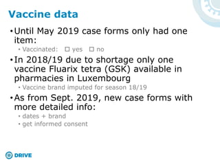 •Until May 2019 case forms only had one
item:
• Vaccinated:  yes  no
•In 2018/19 due to shortage only one
vaccine Fluarix tetra (GSK) available in
pharmacies in Luxembourg
• Vaccine brand imputed for season 18/19
•As from Sept. 2019, new case forms with
more detailed info:
• dates + brand
• get informed consent
Vaccine data
 