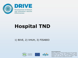 Acknowledgement
DRIVE project has received funding from the Innovative
Medicines Initiative 2 Joint Undertaking under grant
agreement No 777363, This Joint Undertaking receives
support from the European Union’s Horizon 2020
research and innovation programme and EFPIA.
Hospital TND
1) BIVE, 2) VHUH, 3) FISABIO
 