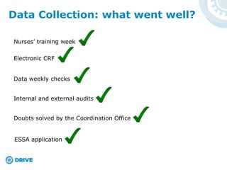 Data Collection: what went well?
Data weekly checks
Internal and external audits
ESSA application
Nurses’ training week
Doubts solved by the Coordination Office
Electronic CRF
 