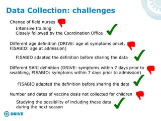 Data Collection: challenges
Change of field nurses
Intensive training
Closely followed by the Coordination Office
Number and dates of vaccine dosis not collected for children
Studying the possibility of including these data
during the next season
Different SARI definition (DRIVE: symptoms within 7 days prior to
swabbing, FISABIO: symptoms within 7 days prior to admission)
FISABIO adapted the definition before sharing the data
Different age definition (DRIVE: age at symptoms onset,
FISABIO: age at admission)
FISABIO adapted the definition before sharing the data
 