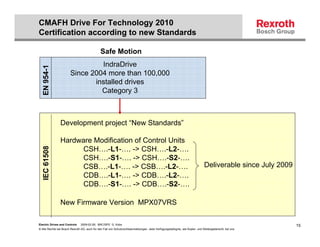 CMAFH Drive For Technology 2010
Certification according to new Standards

                                              Safe Motion
                                IndraDrive
   EN 954-1


                       Since 2004 more than 100,000
                              installed drives
                                Category 3



                Development project “New Standards”

                Hardware Modification of Control Units
   IEC 61508




                      CSH….-L1-…. -> CSH….-L2-….
                      CSH….-S1-…. -> CSH….-S2-….
                      CSB….-L1-…. -> CSB….-L2-….                                                                             Deliverable since July 2009
                      CDB….-L1-…. -> CDB….-L2-….
                      CDB….-S1-…. -> CDB….-S2-….

                New Firmware Version MPX07VRS

Electric Drives and Controls   2009-02-26; BRC/SPD G. Kobs                                                                                                 15
© Alle Rechte bei Bosch Rexroth AG, auch für den Fall von Schutzrechtsanmeldungen. Jede Verfügungsbefugnis, wie Kopier- und Weitergaberecht, bei uns.
 
