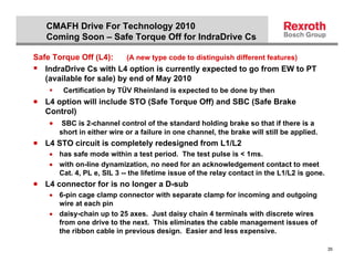 CMAFH Drive For Technology 2010
    Coming Soon – Safe Torque Off for IndraDrive Cs

Safe Torque Off (L4):     (A new type code to distinguish different features)
   IndraDrive Cs with L4 option is currently expected to go from EW to PT
   (available for sale) by end of May 2010
                Certification by TÜV Rheinland is expected to be done by then
• L4 option will include STO (Safe Torque Off) and SBC (Safe Brake
   Control)
    • SBC is 2-channel control of the standard holding brake so that if there is a
             short in either wire or a failure in one channel, the brake will still be applied.
• L4 STO circuit is completely redesigned from L1/L2
      • has safe mode within a test period. The test pulse is < 1ms.
      • with on-line dynamization, no need for an acknowledgement contact to meet
        Cat. 4, PL e, SIL 3 -- the lifetime issue of the relay contact in the L1/L2 is gone.
• L4 connector for is no longer a D-sub
      • 6-pin cage clamp connector with separate clamp for incoming and outgoing
        wire at each pin
      • daisy-chain up to 25 axes. Just daisy chain 4 terminals with discrete wires
        from one drive to the next. This eliminates the cable management issues of
        the ribbon cable in previous design. Easier and less expensive.

  Electric Drives and Controls   2009-02-26; BRC/SPD G. Kobs                                                                                              35
  © Alle Rechte bei Bosch Rexroth AG, auch für den Fall von Schutzrechtsanmeldungen. Jede Verfügungsbefugnis, wie Kopier- und Weitergaberecht, bei uns.
 