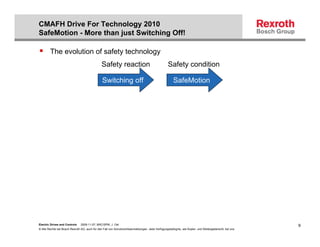 CMAFH Drive For Technology 2010
SafeMotion - More than just Switching Off!

        The evolution of safety technology
                                               Safety reaction                                    Safety condition

                                                Switching off                                         SafeMotion




Electric Drives and Controls   2008-11-07; BRC/SPM; J. Ost                                                                                              9
© Alle Rechte bei Bosch Rexroth AG, auch für den Fall von Schutzrechtsanmeldungen. Jede Verfügungsbefugnis, wie Kopier- und Weitergaberecht, bei uns.
 
