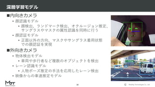 Mobility Technologies Co., Ltd.
内向きカメラ
• 顔認識モデル
• 顔検出、ランドマーク検出、オクルージョン推定、
サングラスやマスクの属性認識を同時に行う
• 顔認証モデル
• 正面以外の方向、マスクやサングラス着用状態
での顔認証を実現
外向きカメラ
• 物体検出モデル
• 車両や歩行者など複数のオブジェクトを検出
• レーン認識モデル
• 人物ポーズ推定の手法を応用したレーン検出
• 映像からの車速推定モデル
深層学習モデル
16
 