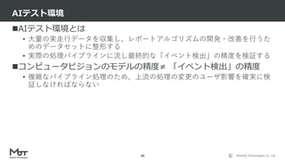 Mobility Technologies Co., Ltd.
AIテスト環境とは
• 大量の実走行データを収集し、レポートアルゴリズムの開発・改善を行うた
めのデータセットに整形する
• 実際の処理パイプラインに流し最終的な「イベント検出」の精度を検証する
コンピュータビジョンのモデルの精度≠ 「イベント検出」の精度
• 複雑なパイプライン処理のため、上流の処理の変更のユーザ影響を確実に検
証しなければならない
AIテスト環境
34
 