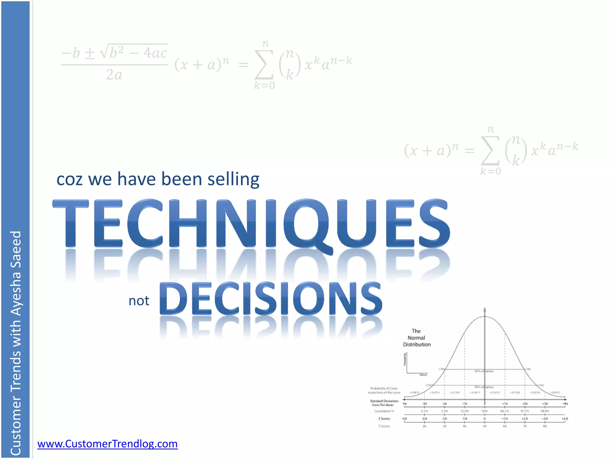 CustomerTrendswithAyeshaSaeed
www.CustomerTrendlog.com
coz we have been selling
not
𝑥 + 𝑎 𝑛
=
𝑛
𝑘
𝑥 𝑘
𝑎 𝑛−𝑘
𝑛
𝑘=0
−𝑏 ± 𝑏2 − 4𝑎𝑐
2𝑎
𝑥 + 𝑎 𝑛 =
𝑛
𝑘
𝑥 𝑘 𝑎 𝑛−𝑘
𝑛
𝑘=0
 