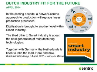 DUTCH INDUSTRY FIT FOR THE FUTURE
APRIL 2014
In the coming decade, a network-centric
approach to production will replace linear
production processes
Digitisation is brought to another level within
Smart Industry.
The third pillar to Smart industry is about
the next generation of manufacturing
technologies.
Together with Germany, the Netherlands is
keen to take the lead. Here and now.
Dutch Minister Kamp, 14 april 2015, Hannover Messe
October 21, 2015
@COPYRIGHT PROF. DR. BEN VAN LIER
CMC
 