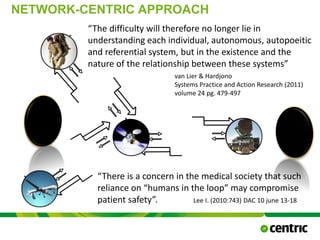 NETWORK-CENTRIC APPROACH
“The difficulty will therefore no longer lie in
understanding each individual, autonomous, autopoeitic
and referential system, but in the existence and the
nature of the relationship between these systems”
van Lier & Hardjono
Systems Practice and Action Research (2011)
volume 24 pg. 479-497
“There is a concern in the medical society that such
reliance on “humans in the loop” may compromise
patient safety”. Lee I. (2010:743) DAC 10 june 13-18 2010
Anaheim California
 