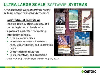 ULTRA LARGE SCALE (SOFTWARE) SYSTEMS
Sociotechnical ecosystems
Include people, organizations, and
technologies at all levels with
significant and often competing
interdependencies.
• Dynamic communities
• Interaction between all entities –
roles, responsibilities, and information
flows
• Competition for resources
• Rules, incentives, and adaptation
October 21, 2015
@COPYRIGHT PROF. DR. BEN VAN LIER
CMC
Linda Northrop SEI Carnegie Mellon May 24, 2013
Are independent webs of software reliant
systems, people, cultures and economics
 