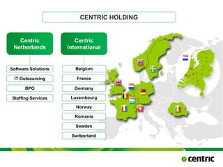 October 21, 2015
@COPYRIGHT PROF. DR. BEN VAN LIER
CMC
CENTRIC HOLDING
Centric
Netherlands
Software Solutions
IT Outsourcing
BPO
Staffing Services
Centric
International
Belgium
Germany
Norway
Romania
Sweden
Switzerland
France
Luxembourg
 