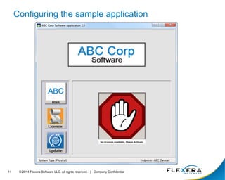 © 2014 Flexera Software LLC. All rights 11 reserved. | Company Confidential 
Configuring the sample application 
 