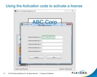 © 2014 Flexera Software LLC. All rights 12 reserved. | Company Confidential 
Using the Activation code to activate a license 
 