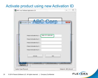 © 2014 Flexera Software LLC. All rights 20 reserved. | Company Confidential 
Activate product using new Activation ID 
 