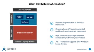 www.eliftech.com
What laid behind of creation?
Modules fragmentation of previous
framework
Changing base API leads to potential
problems in each separate component
High cost for supporting framework
compatibility with every new release
.NET Framework supports only Windows-
based devices
 