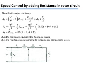 The effective rotor resistance
𝑅𝑒 =
π2
9
− 1 𝑅𝑡𝑜𝑡𝑎𝑙 +
𝑅𝑡𝑜𝑡𝑎𝑙
𝑠
= 𝑅ℎ +
𝑅𝑓
𝑠
𝑅ℎ =
π2
9
− 1 𝑅𝑡𝑜𝑡𝑎𝑙 =
π2
9
− 1 0.5 1 − D 𝑅 + 𝑅2
𝑅𝑓 = 𝑅𝑡𝑜𝑡𝑎𝑙 = 0.5 1 − D 𝑅 + 𝑅2
𝑅ℎis the resistance equivalent to harmonic losses
𝑅𝑓is the resistance corresponding to fundamental components losses
Speed Control by adding Resistance in rotor circuit
 