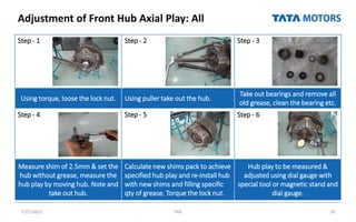 Adjustment of Front Hub Axial Play: All
7/27/2022 TML 20
Step - 1 Step - 2 Step - 3
Using torque, loose the lock nut. Using puller take out the hub.
Take out bearings and remove all
old grease, clean the bearing etc.
Step - 4 Step - 5 Step - 6
Measure shim of 2.5mm & set the
hub without grease, measure the
hub play by moving hub. Note and
take out hub.
Calculate new shims pack to achieve
specified hub play and re-install hub
with new shims and filling specific
qty of grease. Torque the lock nut.
Hub play to be measured &
adjusted using dial gauge with
special tool or magnetic stand and
dial gauge.
 