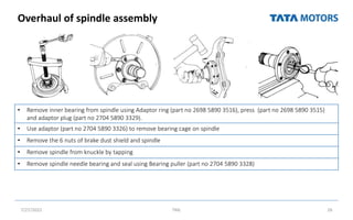 Overhaul of spindle assembly
7/27/2022 TML 26
• Remove inner bearing from spindle using Adaptor ring (part no 2698 5890 3516), press (part no 2698 5890 3515)
and adaptor plug (part no 2704 5890 3329).
• Use adaptor (part no 2704 5890 3326) to remove bearing cage on spindle
• Remove the 6 nuts of brake dust shield and spindle
• Remove spindle from knuckle by tapping
• Remove spindle needle bearing and seal using Bearing puller (part no 2704 5890 3328)
 