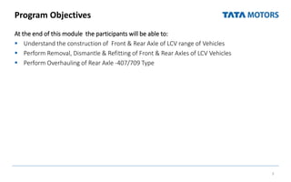 Program Objectives
At the end of this module the participants will be able to:
 Understand the construction of Front & Rear Axle of LCV range of Vehicles
 Perform Removal, Dismantle & Refitting of Front & Rear Axles of LCV Vehicles
 Perform Overhauling of Rear Axle -407/709 Type
3
 