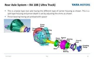 Rear Axle System – RA 108 ( Ultra Truck)
 This is a banjo type rear axle having the different type of carrier housing as shown. This is a
split type housing and pinion depth is set by adjusting the shims as shown.
 Pinion bearing having set preload with spacer
7/27/2022 TML 63
 