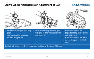 Crown Wheel Pinion Backlash Adjustment of LSD
7/27/2022 TML 72
• Differential casing without ring
gear.
• Side play of differential case
without ring gear = A
• Differential casing with ring gear.
• Side play of differential case with
ring gear = B.
• Put shims towards the
backside of ring gear = B mm
to B-0.125 mm.
• Put shims towards the teeth
side of ring gear = A-B+0.2
mm.
Backlash = 0.13 mm to 0.2 mm (maximum variation at 3 points = 0.08 mm)
 