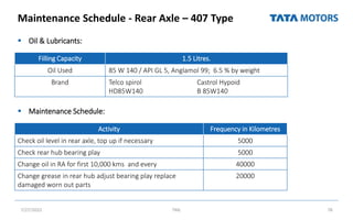 Maintenance Schedule - Rear Axle – 407 Type
 Oil & Lubricants:
 Maintenance Schedule:
7/27/2022 TML 78
Filling Capacity 1.5 Litres.
Oil Used 85 W 140 / API GL 5, Anglamol 99; 6.5 % by weight
Brand Telco spirol Castrol Hypoid
HD85W140 B 85W140
Activity Frequency in Kilometres
Check oil level in rear axle, top up if necessary 5000
Check rear hub bearing play 5000
Change oil in RA for first 10,000 kms and every 40000
Change grease in rear hub adjust bearing play replace
damaged worn out parts
20000
 